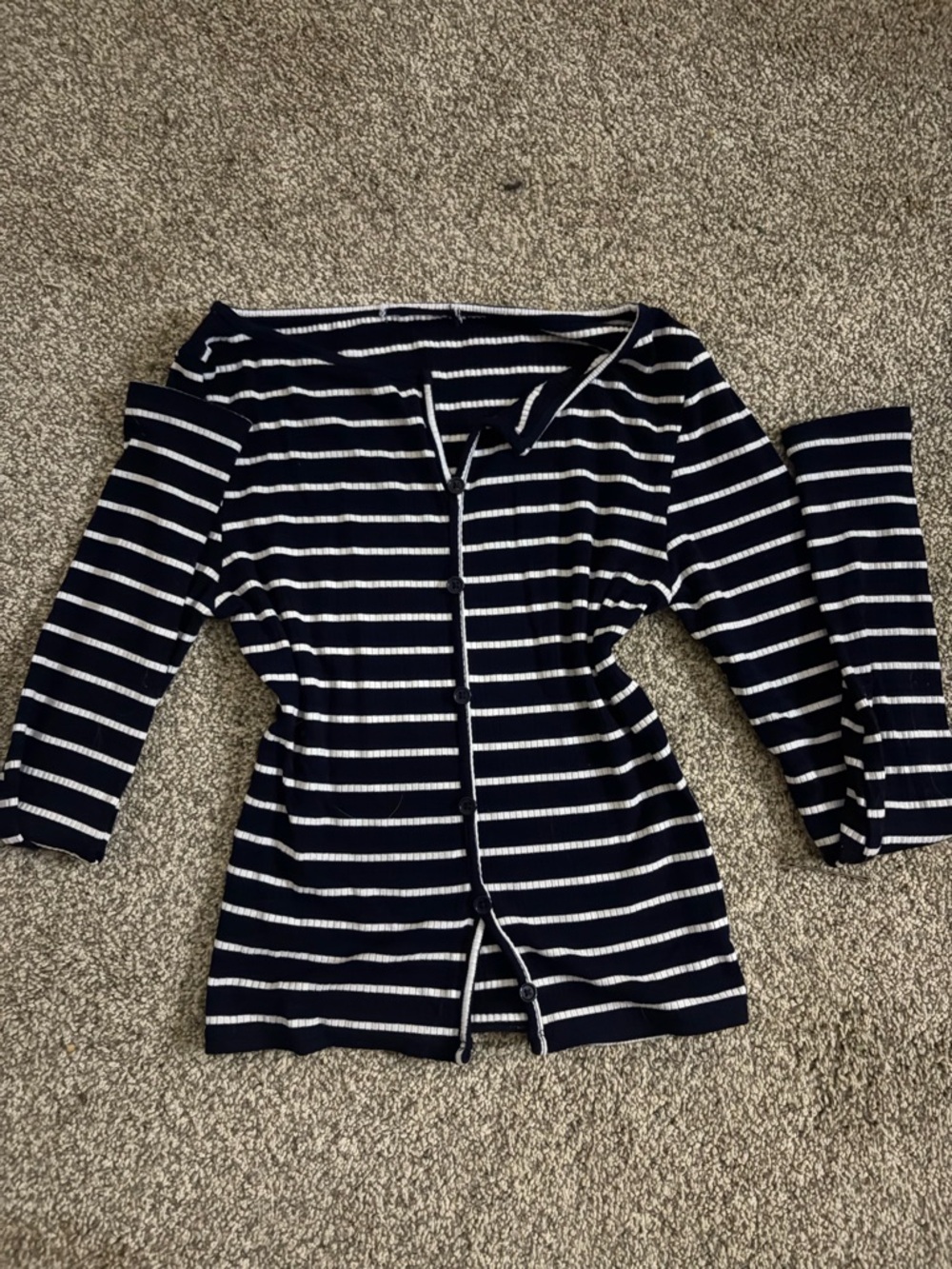 Navy & White Striped Button-Up Top